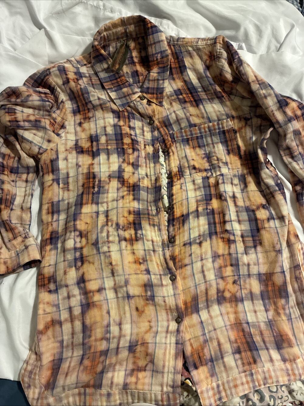 Aratta Silent Journey Plaid Floral Mixed Media Tunic Button Up M Boho Hippie